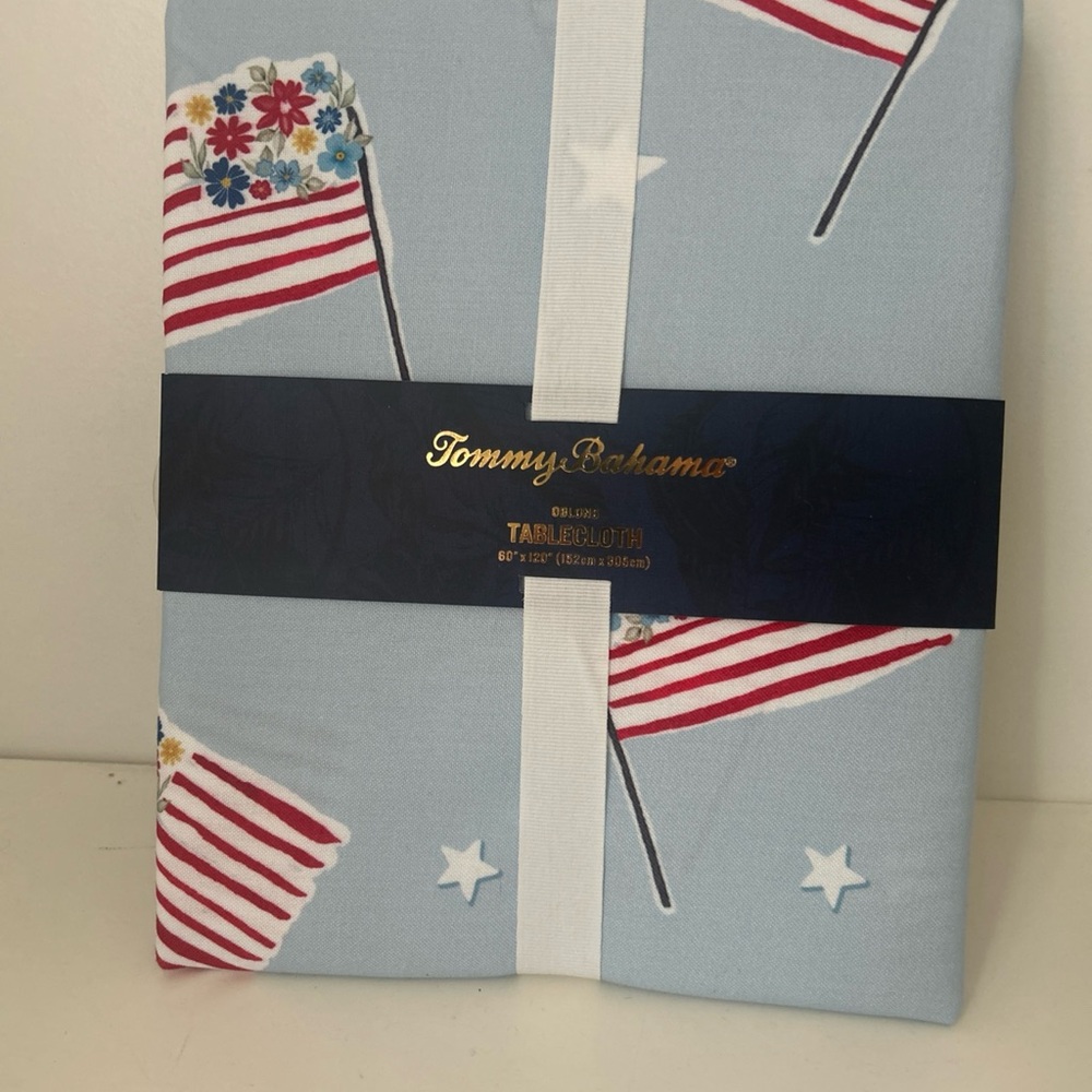Tommy Bahama Light Blue Patriotic Floral Flag Tablecloth